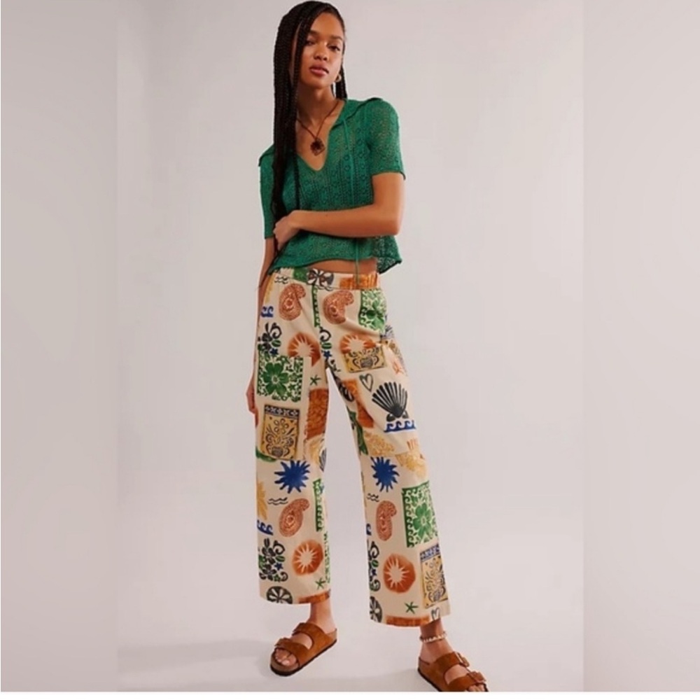 Free People Seaside Block-Printed Pull-On Pants Size Small - Picture 3 of 11
